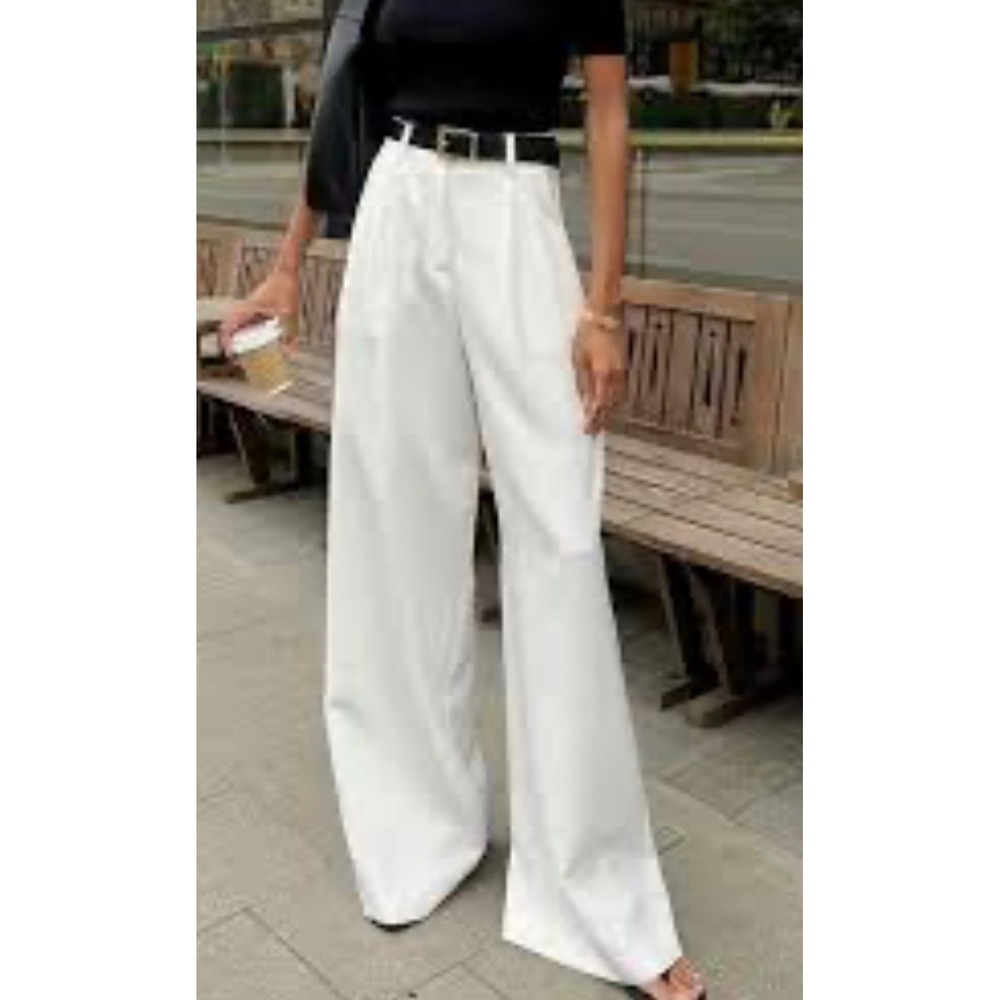 Commense White High Waisted Wide Leg Pleated Trousers Pants Medium NEW